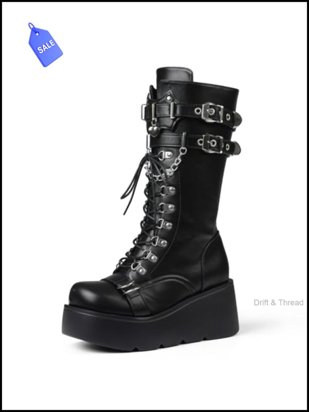 Black Platform Wedge Combat Boots Lace Up Mid Calf Punk